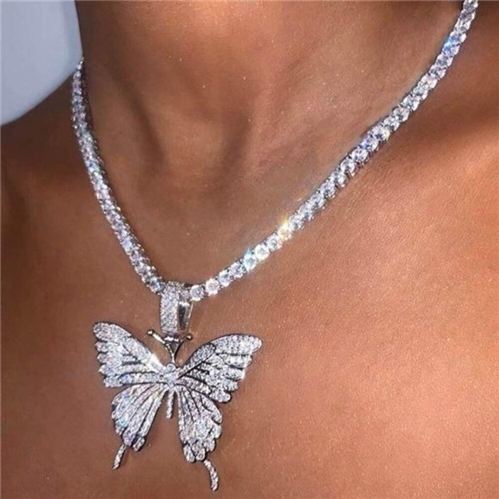 Butterfly Necklace Crystal Pendant Chain Choker Sparkly Neck Jewelry for Women